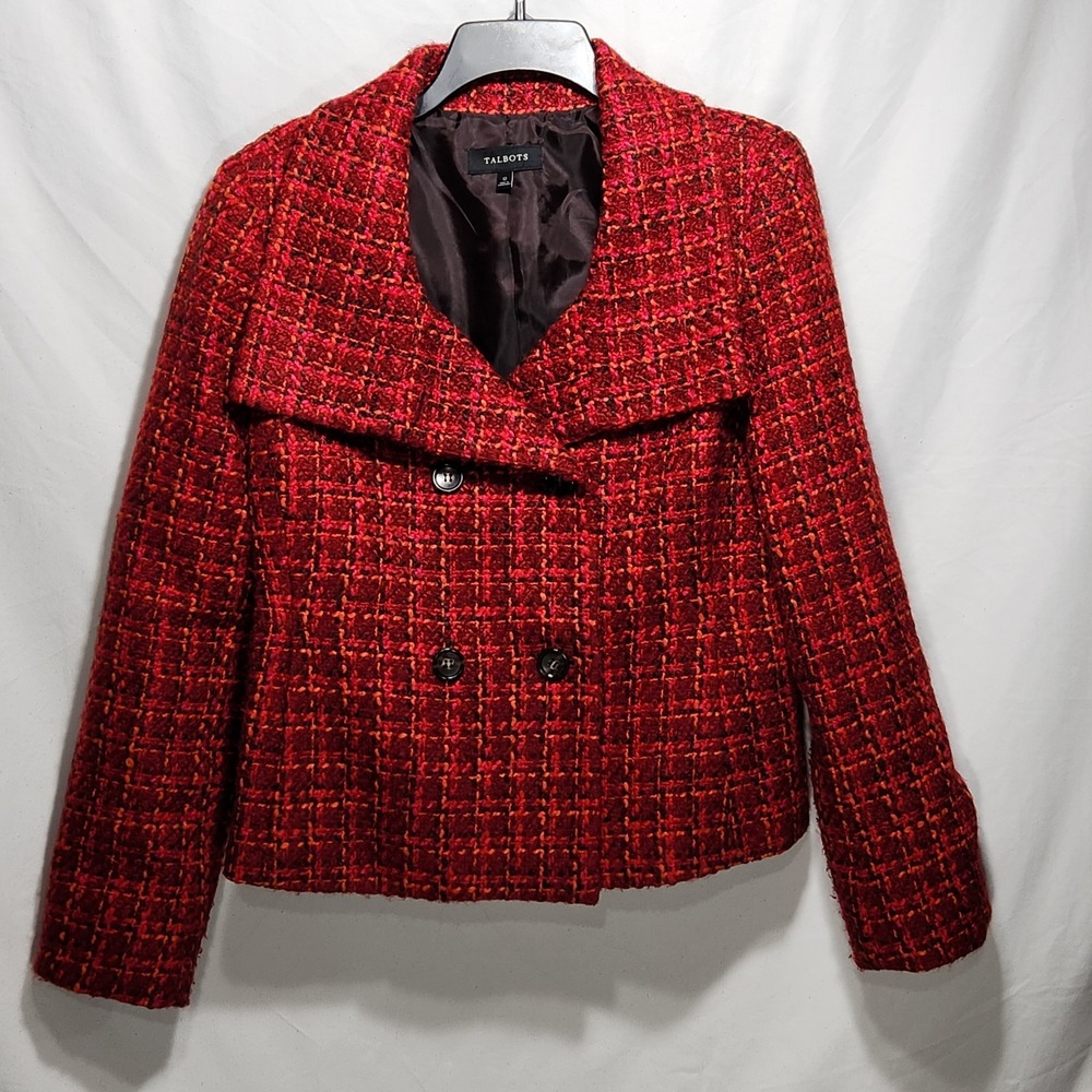 Talbots Womens Wool Blend Tweed Size 12 Red Orange Cropped Pea Coat Lined